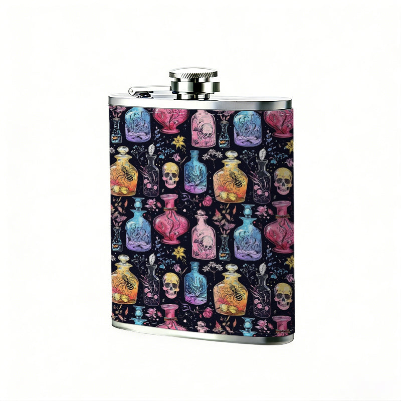 Pattern of skulls and perfume bottles 8oz Hip Flask for Liquor Organizer Case Alcohol Flagon for Travel Portable Leakproof Stainless Steel Wine Bottle Holder  Alcohol Whiskey Drinkware Accessories