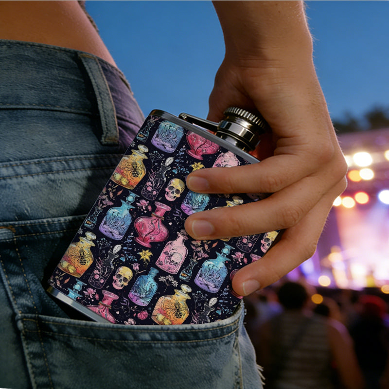 Pattern of skulls and perfume bottles 8oz Hip Flask for Liquor Organizer Case Alcohol Flagon for Travel Portable Leakproof Stainless Steel Wine Bottle Holder  Alcohol Whiskey Drinkware Accessories
