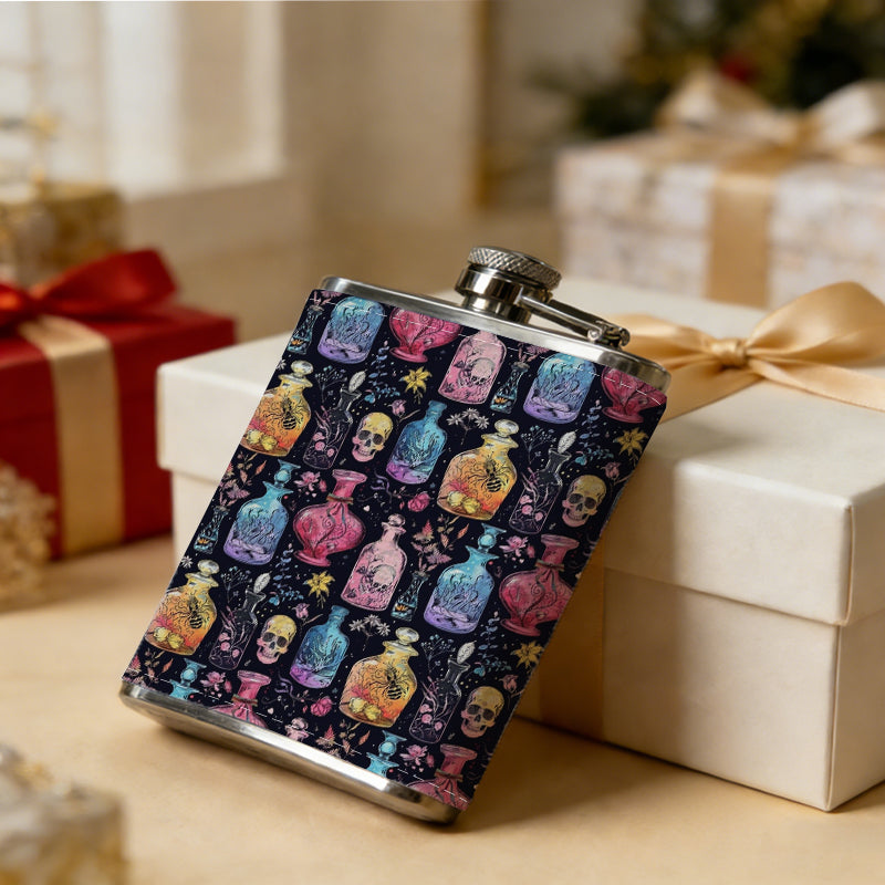 Pattern of skulls and perfume bottles 8oz Hip Flask for Liquor Organizer Case Alcohol Flagon for Travel Portable Leakproof Stainless Steel Wine Bottle Holder  Alcohol Whiskey Drinkware Accessories