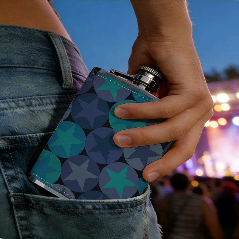 Teal gray circle star abstract background 8oz Hip Flask for Liquor Organizer Case Alcohol Flagon for Travel Portable Leakproof Stainless Steel Wine Bottle Holder  Alcohol Whiskey Drinkware Accessories