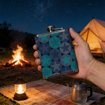 Teal gray circle star abstract background 8oz Hip Flask for Liquor Organizer Case Alcohol Flagon for Travel Portable Leakproof Stainless Steel Wine Bottle Holder  Alcohol Whiskey Drinkware Accessories