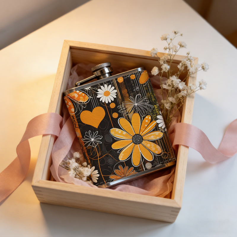 Flowers and heart shapes 8oz Hip Flask for Liquor Organizer Case Alcohol Flagon for Travel Portable Leakproof Stainless Steel Wine Bottle Holder  Alcohol Whiskey Drinkware Accessories