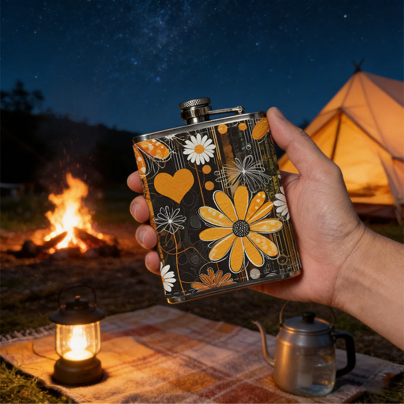 Flowers and heart shapes 8oz Hip Flask for Liquor Organizer Case Alcohol Flagon for Travel Portable Leakproof Stainless Steel Wine Bottle Holder  Alcohol Whiskey Drinkware Accessories