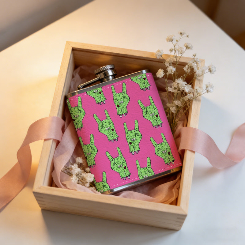 Green horn patterns on pink background 8oz Hip Flask for Liquor Organizer Case Alcohol Flagon for Travel Portable Leakproof Stainless Steel Wine Bottle Holder  Alcohol Whiskey Drinkware Accessories
