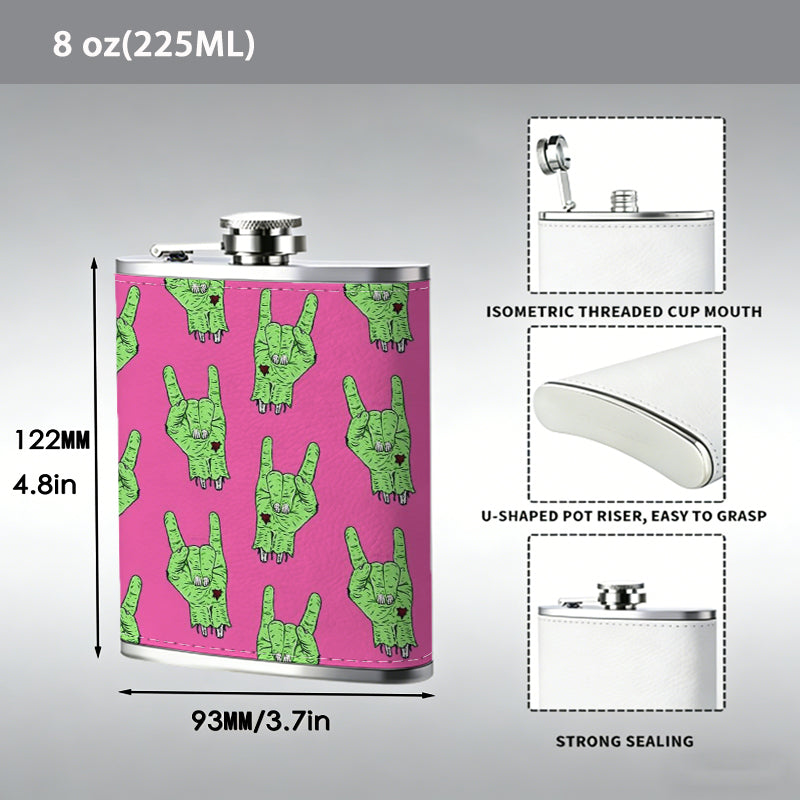 Green horn patterns on pink background 8oz Hip Flask for Liquor Organizer Case Alcohol Flagon for Travel Portable Leakproof Stainless Steel Wine Bottle Holder  Alcohol Whiskey Drinkware Accessories
