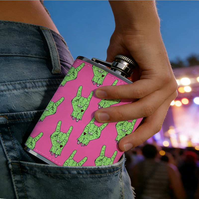 Green horn patterns on pink background 8oz Hip Flask for Liquor Organizer Case Alcohol Flagon for Travel Portable Leakproof Stainless Steel Wine Bottle Holder  Alcohol Whiskey Drinkware Accessories