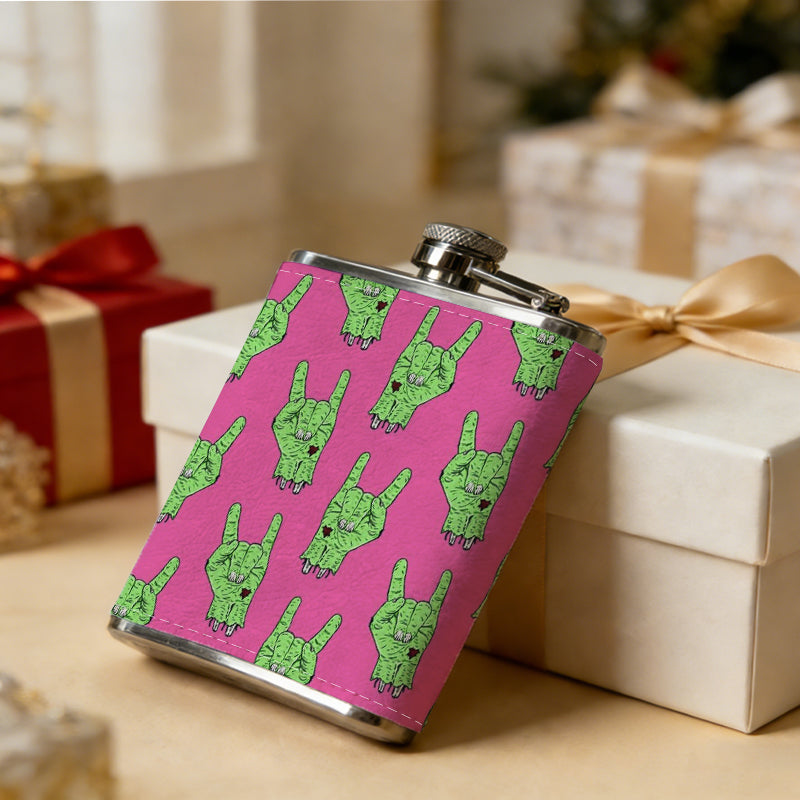 Green horn patterns on pink background 8oz Hip Flask for Liquor Organizer Case Alcohol Flagon for Travel Portable Leakproof Stainless Steel Wine Bottle Holder  Alcohol Whiskey Drinkware Accessories