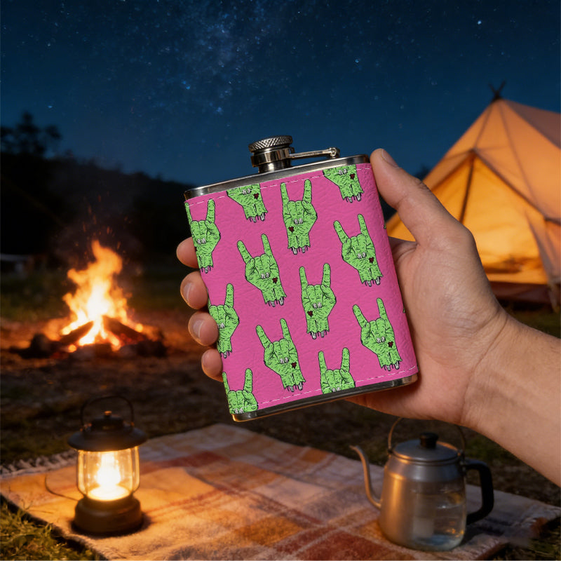 Green horn patterns on pink background 8oz Hip Flask for Liquor Organizer Case Alcohol Flagon for Travel Portable Leakproof Stainless Steel Wine Bottle Holder  Alcohol Whiskey Drinkware Accessories
