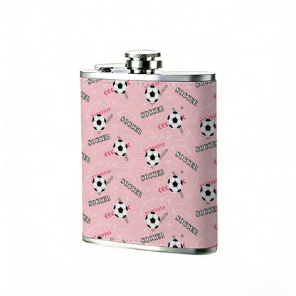 Pink fabric with soccer ball and stripe patterns 8oz Hip Flask for Liquor Organizer Case Alcohol Flagon for Travel Portable Leakproof Stainless Steel Wine Bottle Holder  Alcohol Whiskey Drinkware Accessories