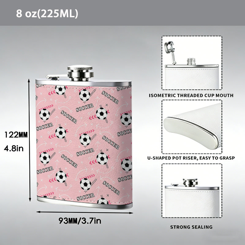 Pink fabric with soccer ball and stripe patterns 8oz Hip Flask for Liquor Organizer Case Alcohol Flagon for Travel Portable Leakproof Stainless Steel Wine Bottle Holder  Alcohol Whiskey Drinkware Accessories