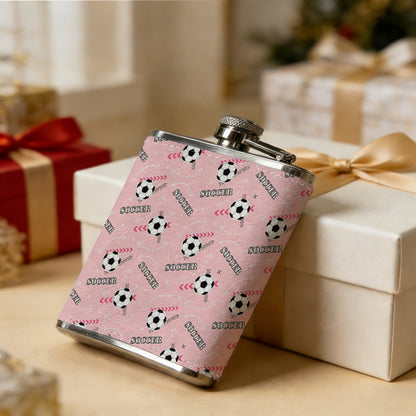 Pink fabric with soccer ball and stripe patterns 8oz Hip Flask for Liquor Organizer Case Alcohol Flagon for Travel Portable Leakproof Stainless Steel Wine Bottle Holder  Alcohol Whiskey Drinkware Accessories