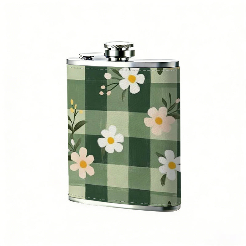Green gingham with daisy flowers 8oz Hip Flask for Liquor Organizer Case Alcohol Flagon for Travel Portable Leakproof Stainless Steel Wine Bottle Holder  Alcohol Whiskey Drinkware Accessories
