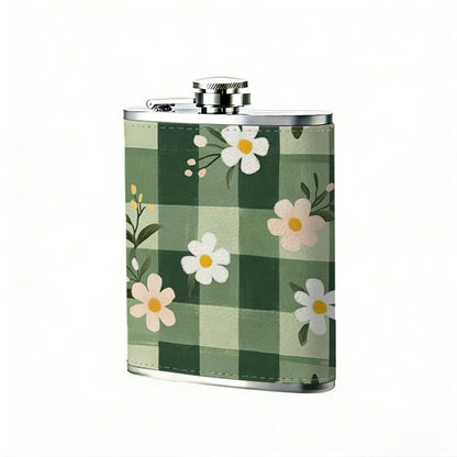 Green gingham with daisy flowers 8oz Hip Flask for Liquor Organizer Case Alcohol Flagon for Travel Portable Leakproof Stainless Steel Wine Bottle Holder  Alcohol Whiskey Drinkware Accessories