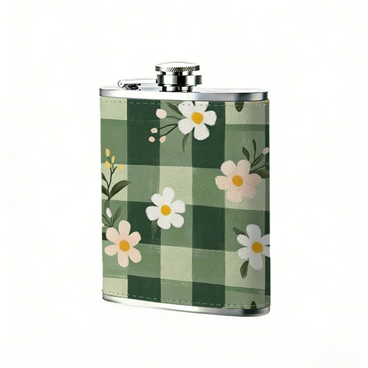 Green gingham with daisy flowers 8oz Hip Flask for Liquor Organizer Case Alcohol Flagon for Travel Portable Leakproof Stainless Steel Wine Bottle Holder  Alcohol Whiskey Drinkware Accessories