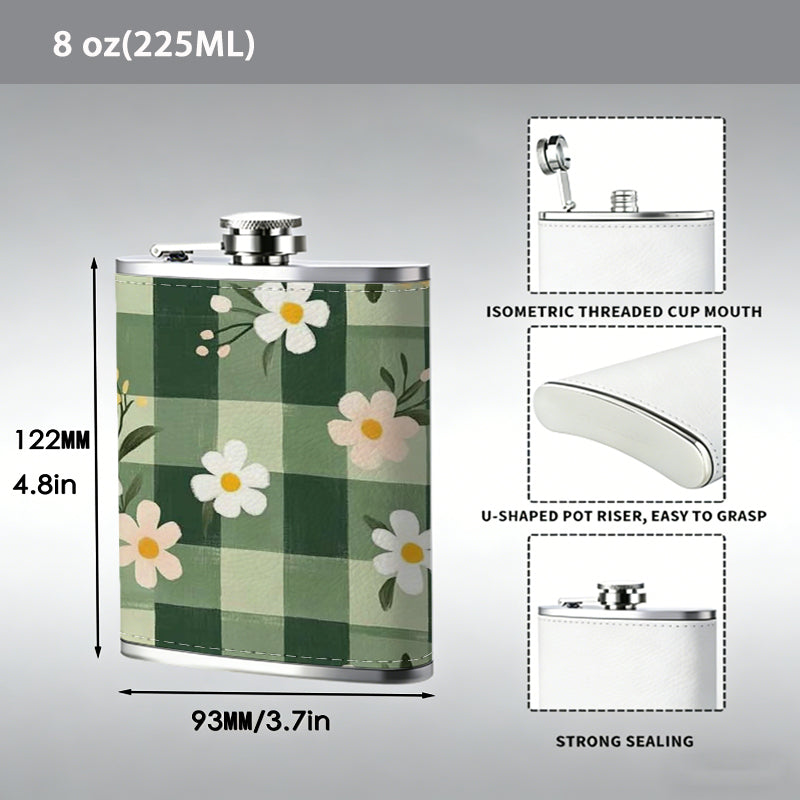 Green gingham with daisy flowers 8oz Hip Flask for Liquor Organizer Case Alcohol Flagon for Travel Portable Leakproof Stainless Steel Wine Bottle Holder  Alcohol Whiskey Drinkware Accessories
