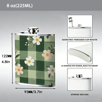 Green gingham with daisy flowers 8oz Hip Flask for Liquor Organizer Case Alcohol Flagon for Travel Portable Leakproof Stainless Steel Wine Bottle Holder  Alcohol Whiskey Drinkware Accessories