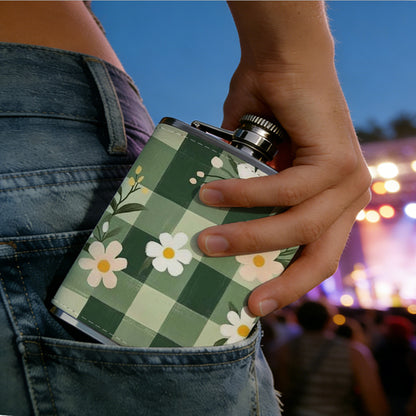 Green gingham with daisy flowers 8oz Hip Flask for Liquor Organizer Case Alcohol Flagon for Travel Portable Leakproof Stainless Steel Wine Bottle Holder  Alcohol Whiskey Drinkware Accessories