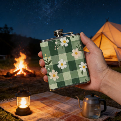 Green gingham with daisy flowers 8oz Hip Flask for Liquor Organizer Case Alcohol Flagon for Travel Portable Leakproof Stainless Steel Wine Bottle Holder  Alcohol Whiskey Drinkware Accessories