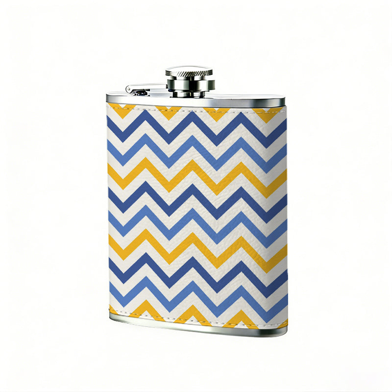 Blue, yellow and white zigzag pattern 8oz Hip Flask for Liquor Organizer Case Alcohol Flagon for Travel Portable Leakproof Stainless Steel Wine Bottle Holder  Alcohol Whiskey Drinkware Accessories