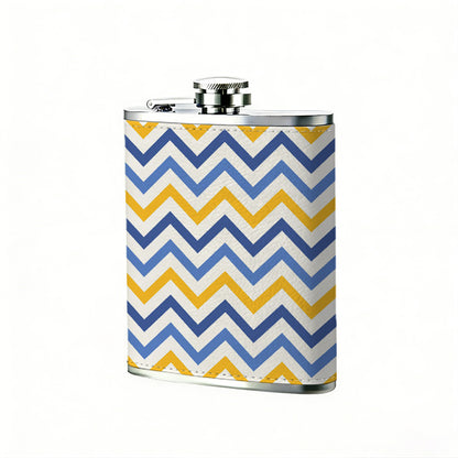 Blue, yellow and white zigzag pattern 8oz Hip Flask for Liquor Organizer Case Alcohol Flagon for Travel Portable Leakproof Stainless Steel Wine Bottle Holder  Alcohol Whiskey Drinkware Accessories