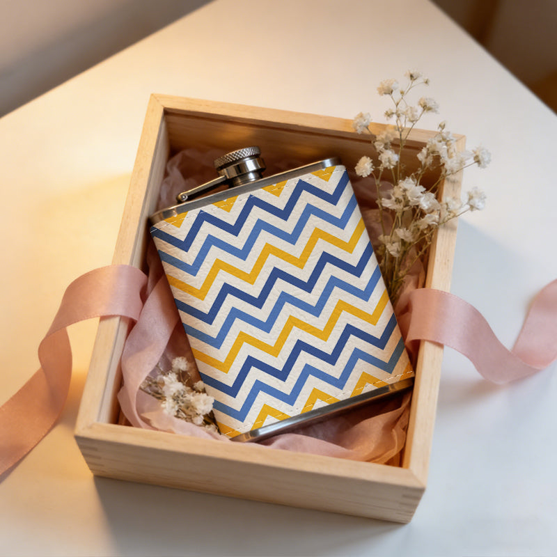 Blue, yellow and white zigzag pattern 8oz Hip Flask for Liquor Organizer Case Alcohol Flagon for Travel Portable Leakproof Stainless Steel Wine Bottle Holder  Alcohol Whiskey Drinkware Accessories
