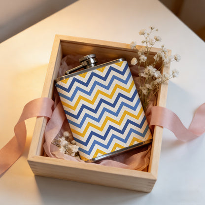 Blue, yellow and white zigzag pattern 8oz Hip Flask for Liquor Organizer Case Alcohol Flagon for Travel Portable Leakproof Stainless Steel Wine Bottle Holder  Alcohol Whiskey Drinkware Accessories