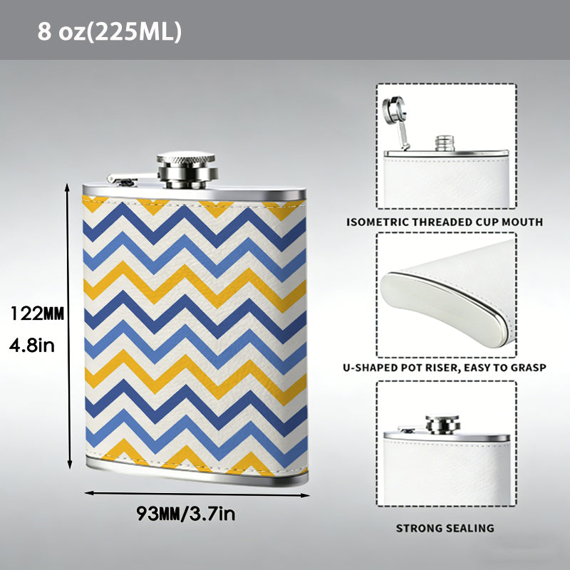 Blue, yellow and white zigzag pattern 8oz Hip Flask for Liquor Organizer Case Alcohol Flagon for Travel Portable Leakproof Stainless Steel Wine Bottle Holder  Alcohol Whiskey Drinkware Accessories