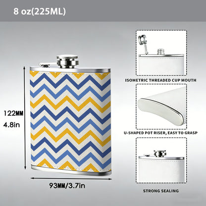 Blue, yellow and white zigzag pattern 8oz Hip Flask for Liquor Organizer Case Alcohol Flagon for Travel Portable Leakproof Stainless Steel Wine Bottle Holder  Alcohol Whiskey Drinkware Accessories
