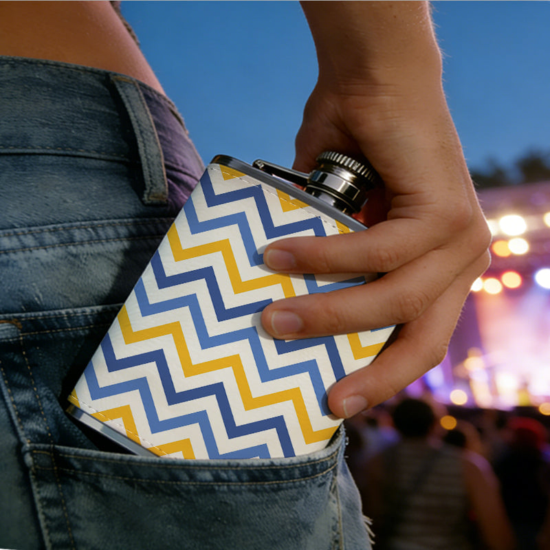 Blue, yellow and white zigzag pattern 8oz Hip Flask for Liquor Organizer Case Alcohol Flagon for Travel Portable Leakproof Stainless Steel Wine Bottle Holder  Alcohol Whiskey Drinkware Accessories