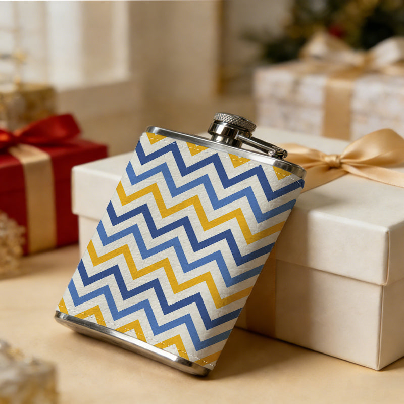 Blue, yellow and white zigzag pattern 8oz Hip Flask for Liquor Organizer Case Alcohol Flagon for Travel Portable Leakproof Stainless Steel Wine Bottle Holder  Alcohol Whiskey Drinkware Accessories