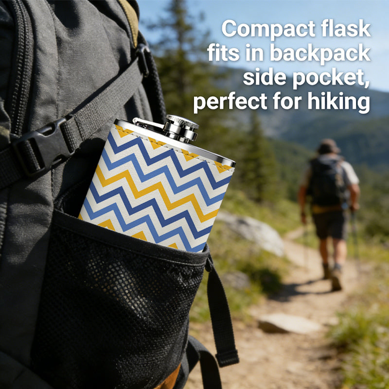 Blue, yellow and white zigzag pattern 8oz Hip Flask for Liquor Organizer Case Alcohol Flagon for Travel Portable Leakproof Stainless Steel Wine Bottle Holder  Alcohol Whiskey Drinkware Accessories