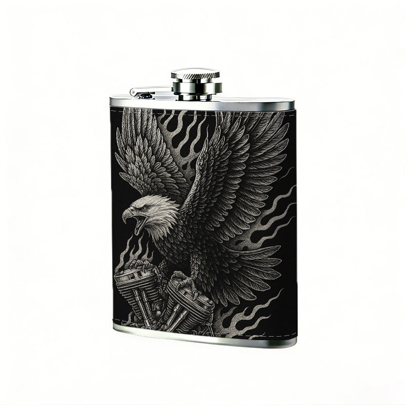 Skull and eagle artwork on black background 8oz Hip Flask for Liquor Organizer Case Alcohol Flagon for Travel Portable Leakproof Stainless Steel Wine Bottle Holder  Alcohol Whiskey Drinkware Accessories