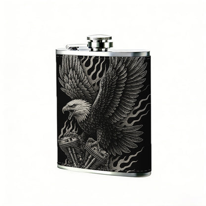 Skull and eagle artwork on black background 8oz Hip Flask for Liquor Organizer Case Alcohol Flagon for Travel Portable Leakproof Stainless Steel Wine Bottle Holder  Alcohol Whiskey Drinkware Accessories