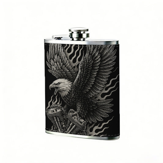 Skull and eagle artwork on black background 8oz Hip Flask for Liquor Organizer Case Alcohol Flagon for Travel Portable Leakproof Stainless Steel Wine Bottle Holder  Alcohol Whiskey Drinkware Accessories