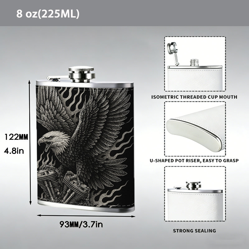 Skull and eagle artwork on black background 8oz Hip Flask for Liquor Organizer Case Alcohol Flagon for Travel Portable Leakproof Stainless Steel Wine Bottle Holder  Alcohol Whiskey Drinkware Accessories