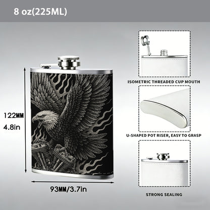 Skull and eagle artwork on black background 8oz Hip Flask for Liquor Organizer Case Alcohol Flagon for Travel Portable Leakproof Stainless Steel Wine Bottle Holder  Alcohol Whiskey Drinkware Accessories
