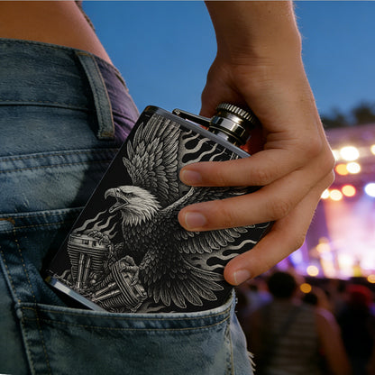 Skull and eagle artwork on black background 8oz Hip Flask for Liquor Organizer Case Alcohol Flagon for Travel Portable Leakproof Stainless Steel Wine Bottle Holder  Alcohol Whiskey Drinkware Accessories