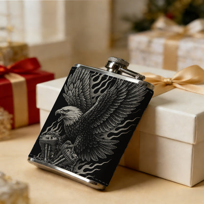 Skull and eagle artwork on black background 8oz Hip Flask for Liquor Organizer Case Alcohol Flagon for Travel Portable Leakproof Stainless Steel Wine Bottle Holder  Alcohol Whiskey Drinkware Accessories