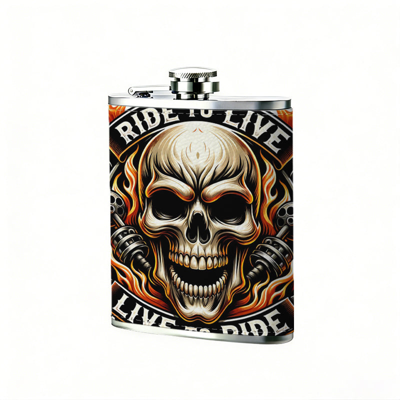 Skull flame riding emblem 8oz Hip Flask for Liquor Organizer Case Alcohol Flagon for Travel Portable Leakproof Stainless Steel Wine Bottle Holder  Alcohol Whiskey Drinkware Accessories
