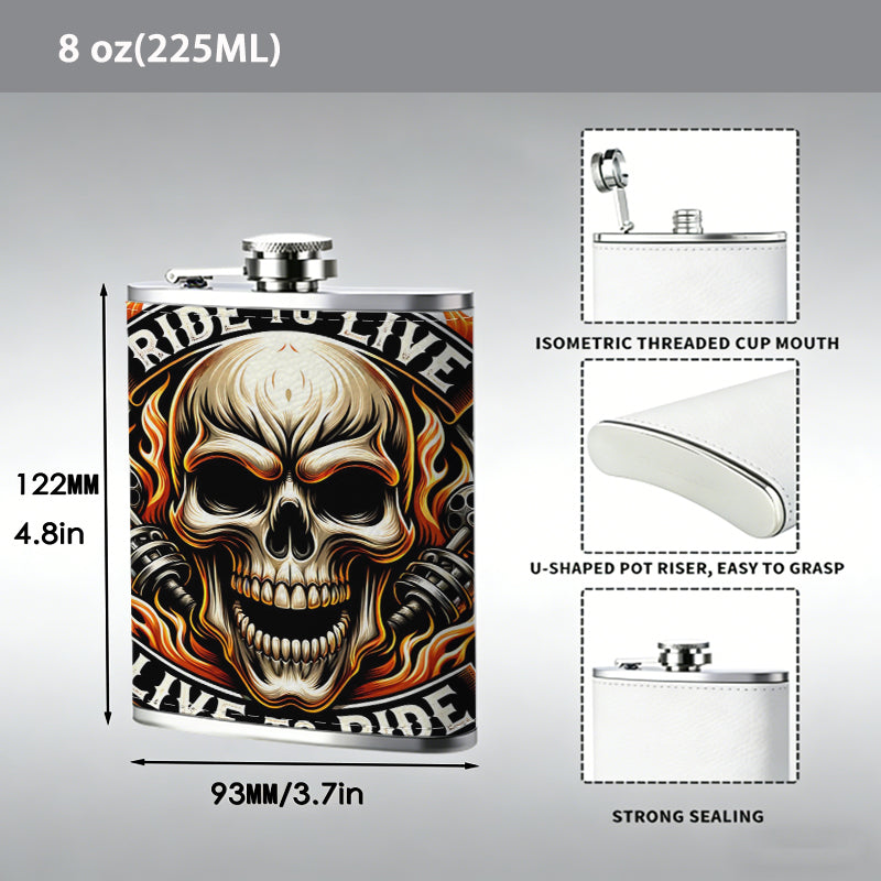 Skull flame riding emblem 8oz Hip Flask for Liquor Organizer Case Alcohol Flagon for Travel Portable Leakproof Stainless Steel Wine Bottle Holder  Alcohol Whiskey Drinkware Accessories