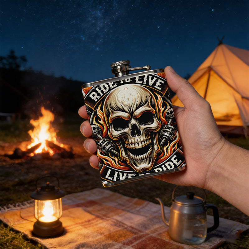 Skull flame riding emblem 8oz Hip Flask for Liquor Organizer Case Alcohol Flagon for Travel Portable Leakproof Stainless Steel Wine Bottle Holder  Alcohol Whiskey Drinkware Accessories
