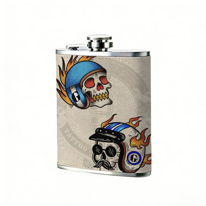 Two stylized skulls with flames and helmets 8oz Hip Flask for Liquor Organizer Case Alcohol Flagon for Travel Portable Leakproof Stainless Steel Wine Bottle Holder  Alcohol Whiskey Drinkware Accessories