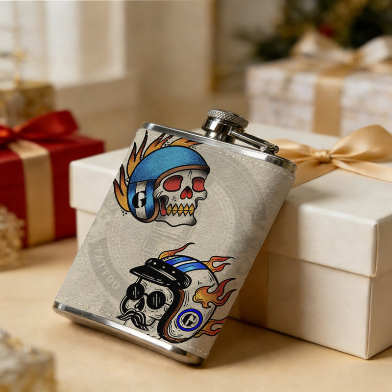 Two stylized skulls with flames and helmets 8oz Hip Flask for Liquor Organizer Case Alcohol Flagon for Travel Portable Leakproof Stainless Steel Wine Bottle Holder  Alcohol Whiskey Drinkware Accessories