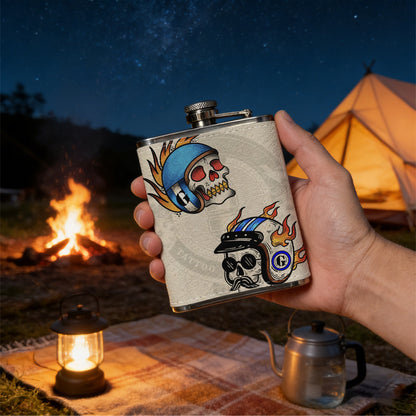 Two stylized skulls with flames and helmets 8oz Hip Flask for Liquor Organizer Case Alcohol Flagon for Travel Portable Leakproof Stainless Steel Wine Bottle Holder  Alcohol Whiskey Drinkware Accessories