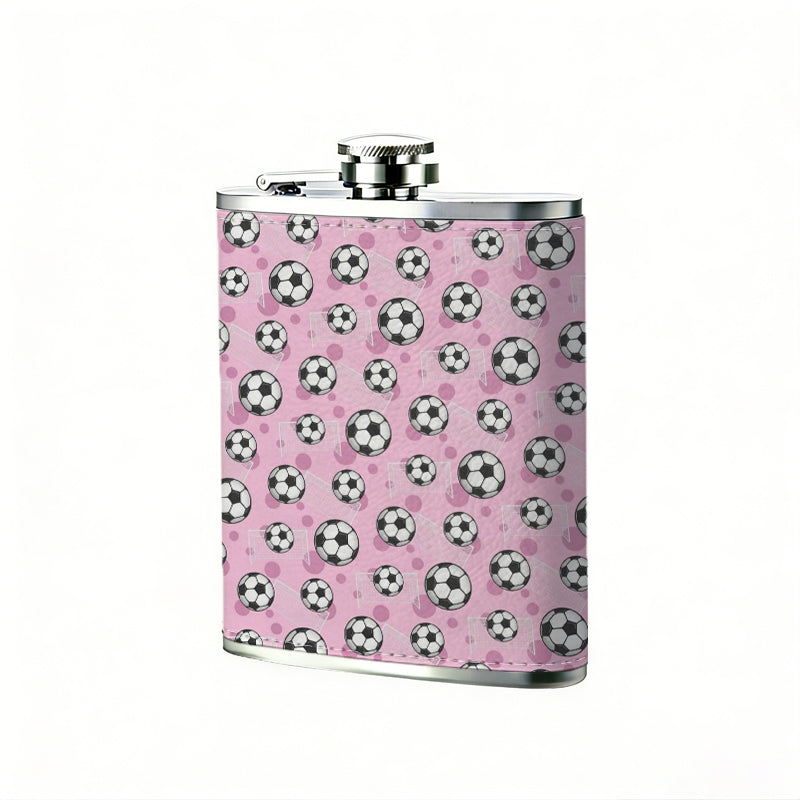 Pink background with soccer ball patterns 8oz Hip Flask for Liquor Organizer Case Alcohol Flagon for Travel Portable Leakproof Stainless Steel Wine Bottle Holder  Alcohol Whiskey Drinkware Accessories