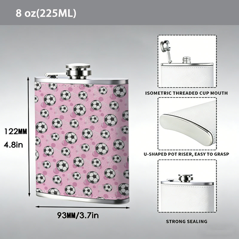 Pink background with soccer ball patterns 8oz Hip Flask for Liquor Organizer Case Alcohol Flagon for Travel Portable Leakproof Stainless Steel Wine Bottle Holder  Alcohol Whiskey Drinkware Accessories