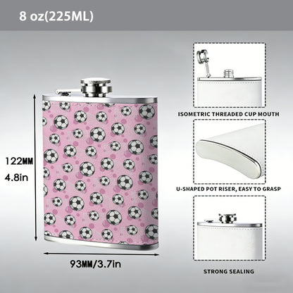 Pink background with soccer ball patterns 8oz Hip Flask for Liquor Organizer Case Alcohol Flagon for Travel Portable Leakproof Stainless Steel Wine Bottle Holder  Alcohol Whiskey Drinkware Accessories