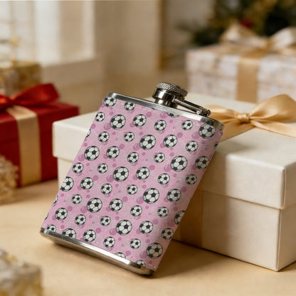 Pink background with soccer ball patterns 8oz Hip Flask for Liquor Organizer Case Alcohol Flagon for Travel Portable Leakproof Stainless Steel Wine Bottle Holder  Alcohol Whiskey Drinkware Accessories