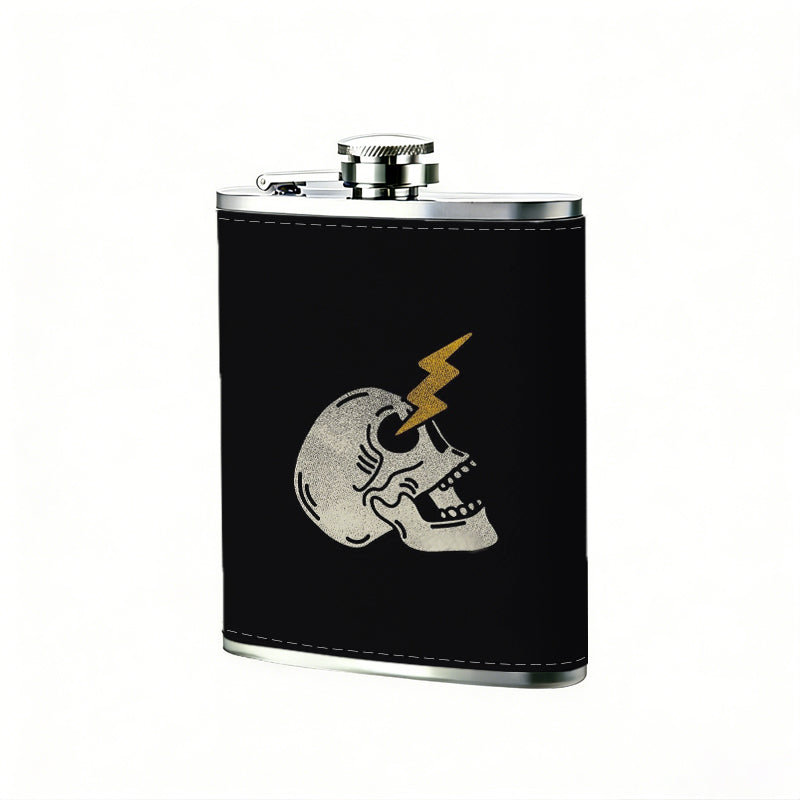 Skull with lightning bolt on black background 8oz Hip Flask for Liquor Organizer Case Alcohol Flagon for Travel Portable Leakproof Stainless Steel Wine Bottle Holder  Alcohol Whiskey Drinkware Accessories