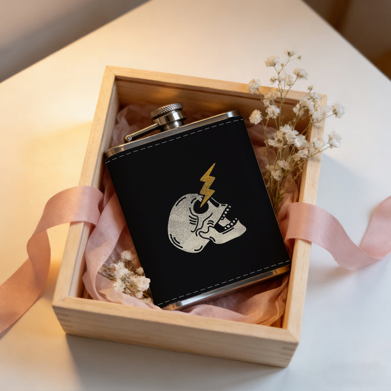 Skull with lightning bolt on black background 8oz Hip Flask for Liquor Organizer Case Alcohol Flagon for Travel Portable Leakproof Stainless Steel Wine Bottle Holder  Alcohol Whiskey Drinkware Accessories